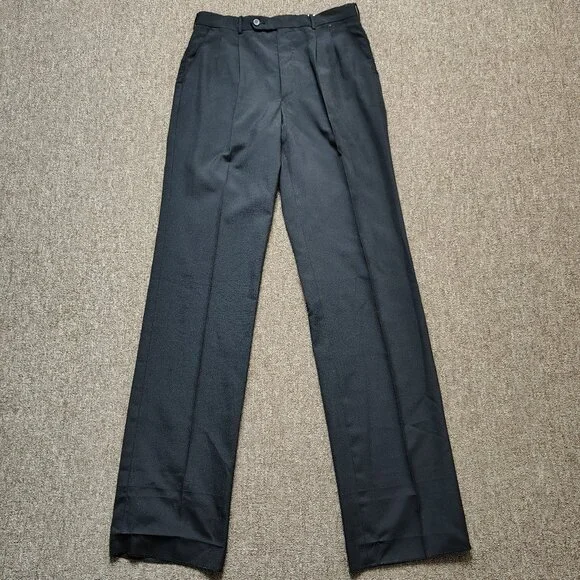 Vintage HUNTING HORN Pants Men 32 Black Wool Blend Pleated Unhemmed Slacks - Picture 1 of 8
